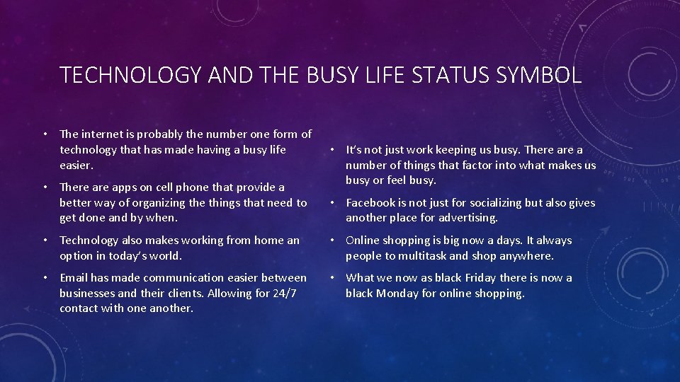 TECHNOLOGY AND THE BUSY LIFE STATUS SYMBOL • The internet is probably the number