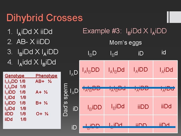 Dihybrid Crosses Example #3: IBi. Dd X IAi. DD IAi. Dd X ii. Dd