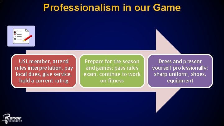 Professionalism in our Game USL member, attend rules interpretation, pay local dues, give service,