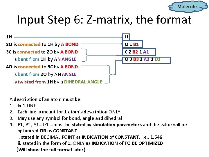 Molecule Input Step 6: Z-matrix, the format 1 H 2 O is connected to