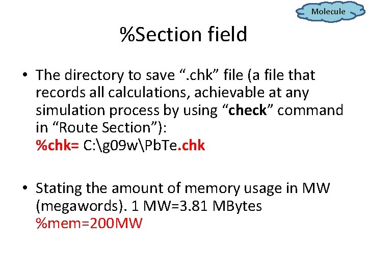 Molecule %Section field • The directory to save “. chk” file (a file that