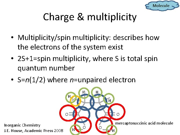Molecule Charge & multiplicity • Multiplicity/spin multiplicity: describes how the electrons of the system