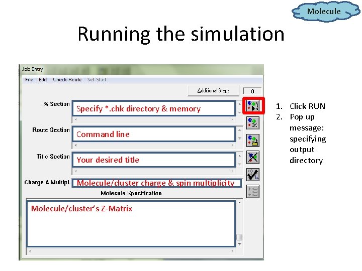 Molecule Running the simulation Specify *. chk directory & memory Command line Your desired