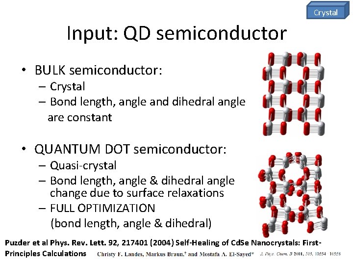 Crystal Input: QD semiconductor • BULK semiconductor: – Crystal – Bond length, angle and