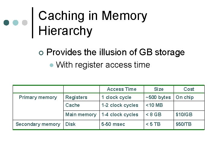 Caching in Memory Hierarchy ¢ Provides the illusion of GB storage l With register