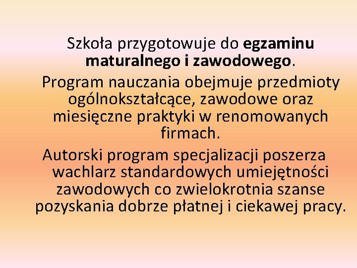 Szkoła przygotowuje do egzaminu maturalnego i zawodowego. Program nauczania obejmuje przedmioty ogólnokształcące, zawodowe oraz