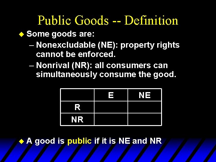 Public Goods -- Definition u Some goods are: – Nonexcludable (NE): property rights cannot