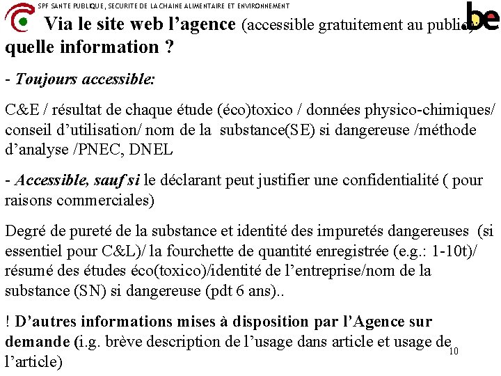 SPF SANTE PUBLIQUE, SECURITE DE LA CHAINE ALIMENTAIRE ET ENVIRONNEMENT Via le site web