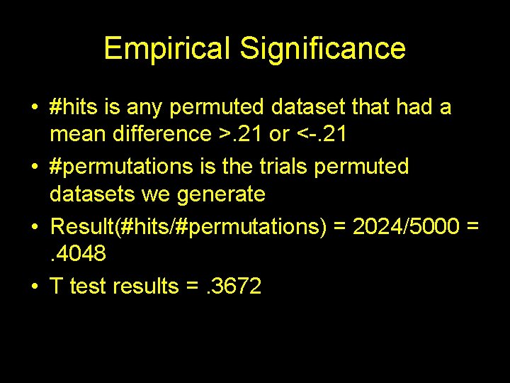 Empirical Significance • #hits is any permuted dataset that had a mean difference >.