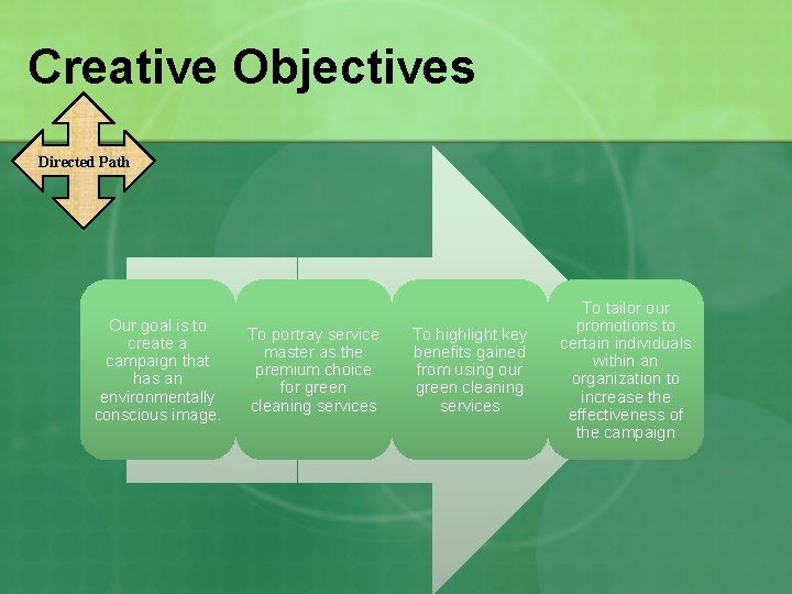 Creative Objectives Directed Path Our goal is to create a campaign that has an