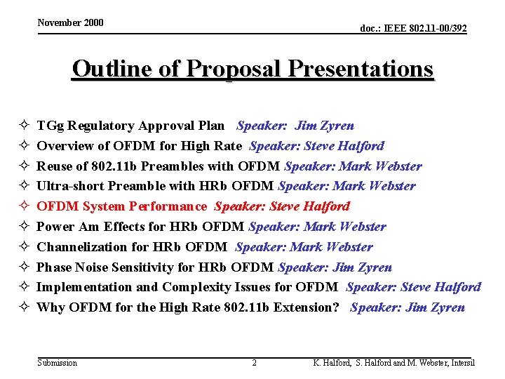 November 2000 doc. : IEEE 802. 11 -00/392 Outline of Proposal Presentations ² ²