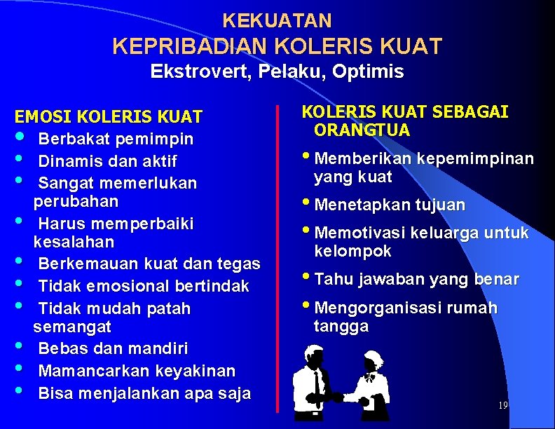 KEKUATAN KEPRIBADIAN KOLERIS KUAT Ekstrovert, Pelaku, Optimis EMOSI KOLERIS KUAT • Berbakat pemimpin •