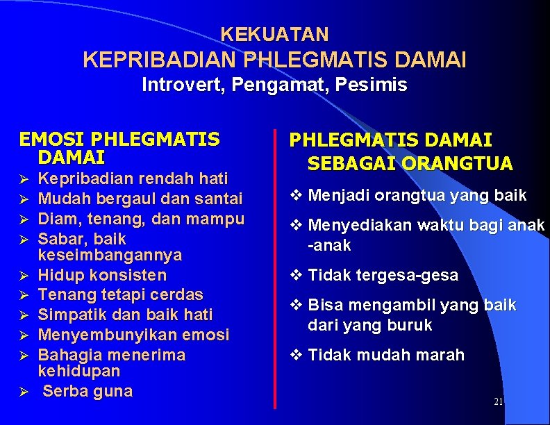 KEKUATAN KEPRIBADIAN PHLEGMATIS DAMAI Introvert, Pengamat, Pesimis EMOSI PHLEGMATIS DAMAI Ø Ø Ø Ø