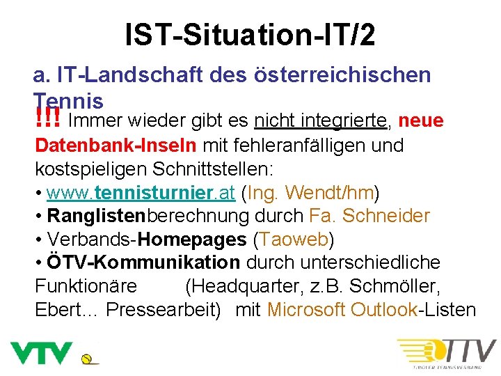 IST-Situation-IT/2 a. IT-Landschaft des österreichischen Tennis !!! Immer wieder gibt es nicht integrierte, neue