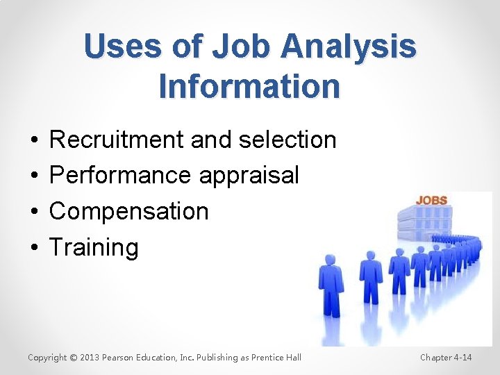 Uses of Job Analysis Information • • Recruitment and selection Performance appraisal Compensation Training