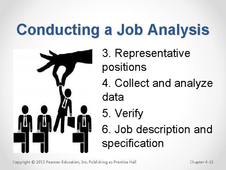 Conducting a Job Analysis 3. Representative positions 4. Collect and analyze data 5. Verify