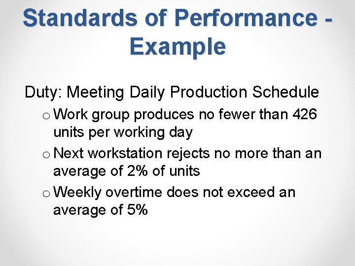 Standards of Performance Example Duty: Meeting Daily Production Schedule o Work group produces no