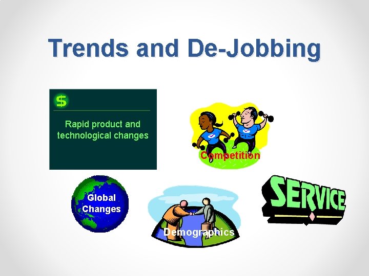 Trends and De-Jobbing Rapid product and technological changes Competition Global Changes Demographics 