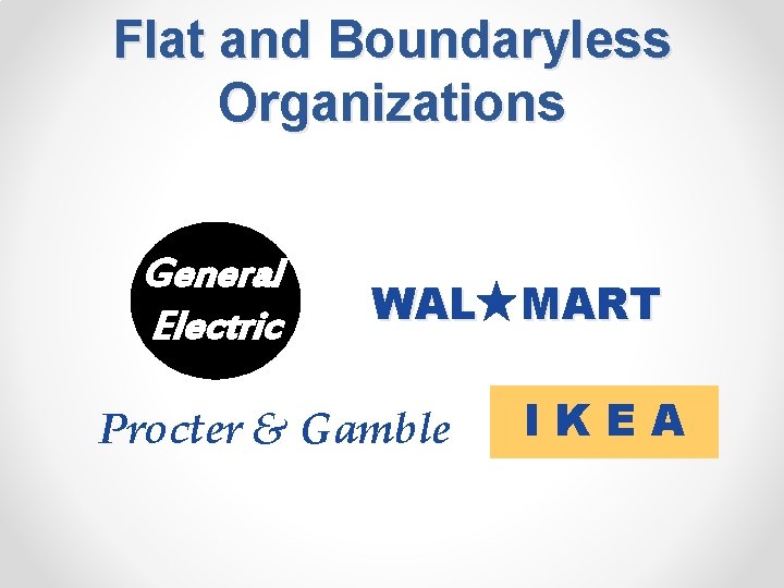 Flat and Boundaryless Organizations General Electric WAL MART Procter & Gamble IKEA 