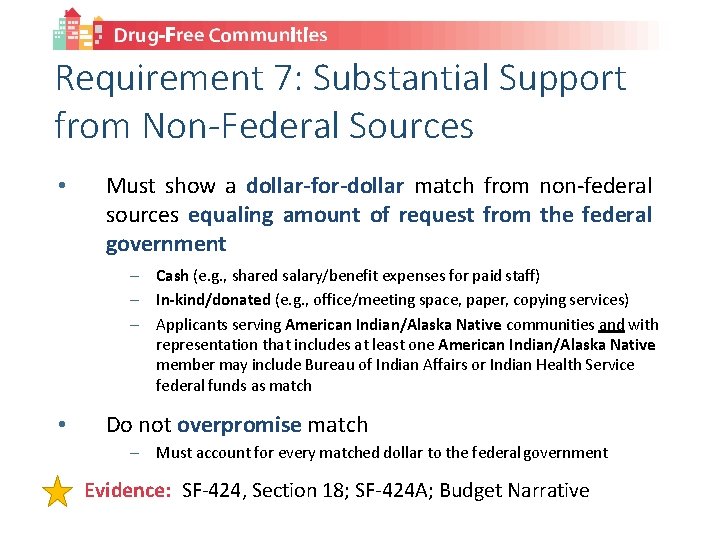 Requirement 7: Substantial Support from Non-Federal Sources • Must show a dollar-for-dollar match from