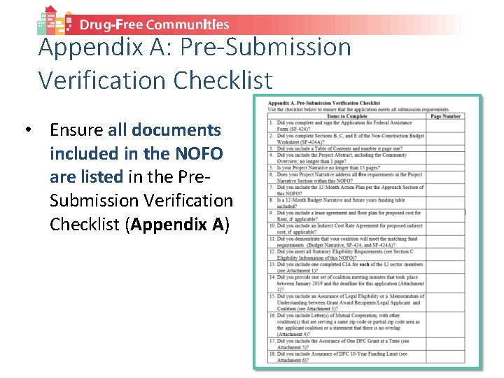 Appendix A: Pre-Submission Verification Checklist • Ensure all documents included in the NOFO are