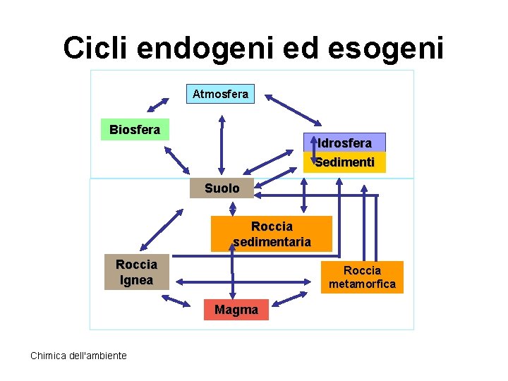 Cicli endogeni ed esogeni Atmosfera Biosfera Idrosfera Sedimenti Suolo Roccia sedimentaria Roccia Ignea Roccia