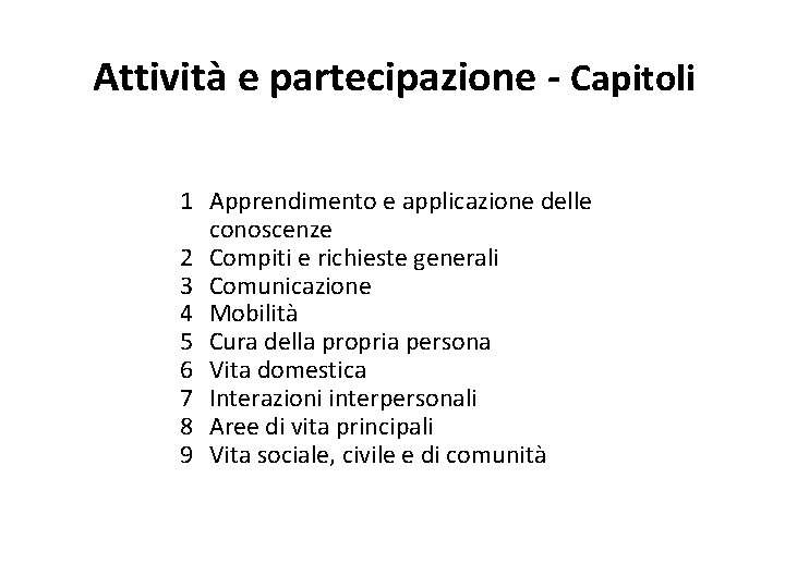Attività e partecipazione - Capitoli 1 Apprendimento e applicazione delle conoscenze 2 Compiti e