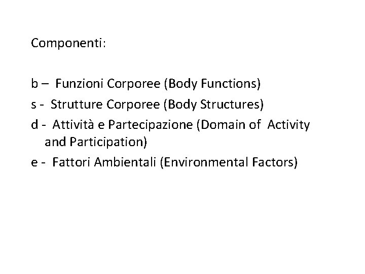 Componenti: b – Funzioni Corporee (Body Functions) s - Strutture Corporee (Body Structures) d