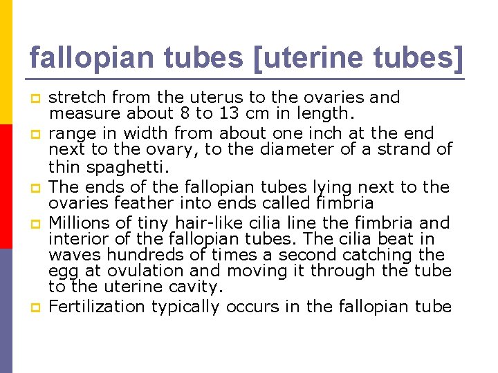 fallopian tubes [uterine tubes] p p p stretch from the uterus to the ovaries