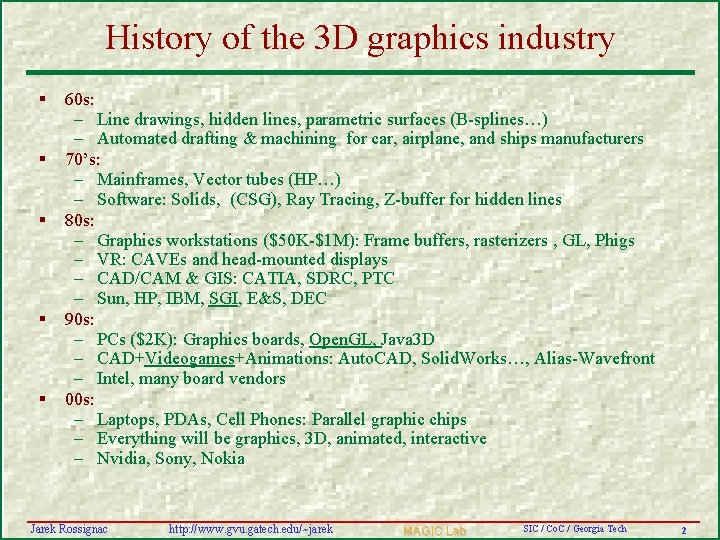 History of the 3 D graphics industry § § § 60 s: – Line