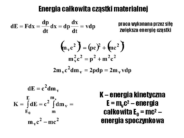Energia całkowita cząstki materialnej praca wykonana przez siłę zwiększa energię cząstki K – energia