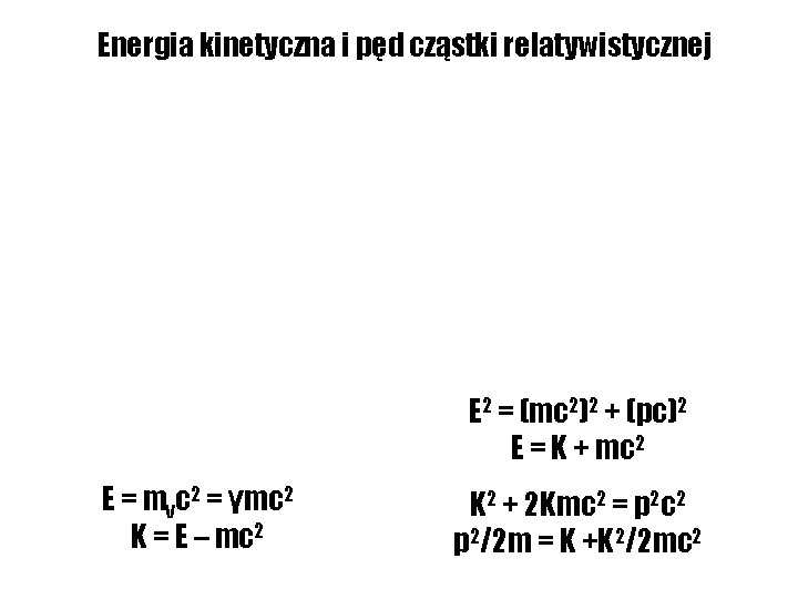 Energia kinetyczna i pęd cząstki relatywistycznej E 2 = (mc 2)2 + (pc)2 E