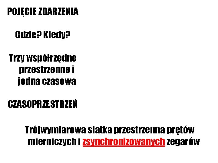 POJĘCIE ZDARZENIA Gdzie? Kiedy? Trzy współrzędne przestrzenne i jedna czasowa CZASOPRZESTRZEŃ Trójwymiarowa siatka przestrzenna