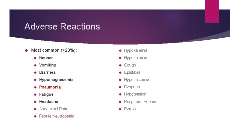 Adverse Reactions Most common (>20%): Hypokalemia Nausea Hypokalemia Vomiting Cough Diarrhea Epistaxis Hypomagnesemia Hypocalcemia