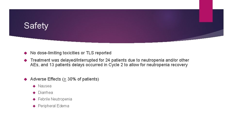 Safety No dose-limiting toxicities or TLS reported Treatment was delayed/interrupted for 24 patients due