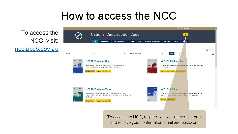 How to access the NCC To access the NCC, visit: ncc. abcb. gov. au
