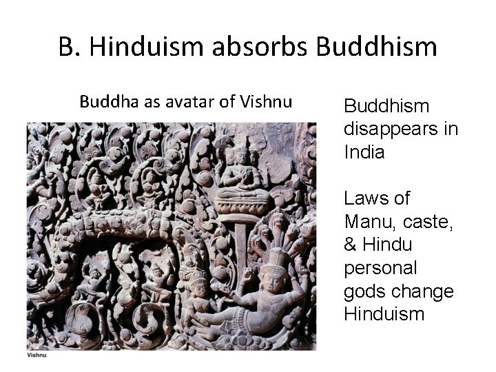 B. Hinduism absorbs Buddhism Buddha as avatar of Vishnu Buddhism disappears in India Laws