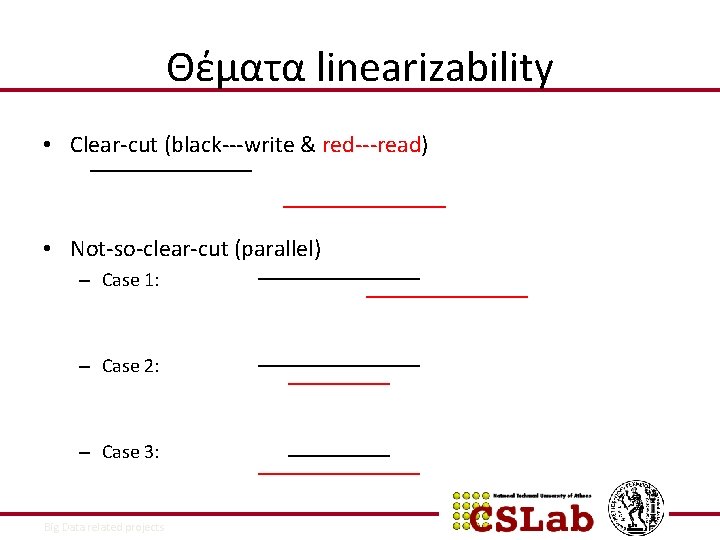 Θέματα linearizability • Clear-cut (black---write & red---read) • Not-so-clear-cut (parallel) – Case 1: –