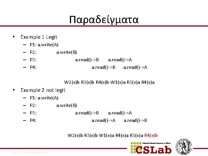 Παραδείγματα • Example 1 Legit – – P 1: a. write(A) P 2: a.