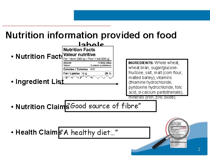 Nutrition information provided on food labels • Nutrition Facts INGREDIENTS: Whole wheat, • Ingredient