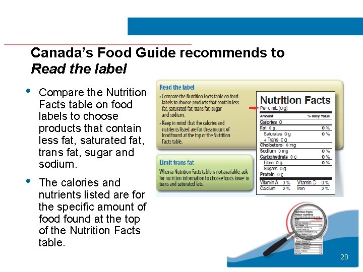 Canada’s Food Guide recommends to Read the label • Compare the Nutrition Facts table