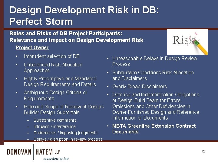 Design Development Risk in DB: Perfect Storm Roles and Risks of DB Project Participants: