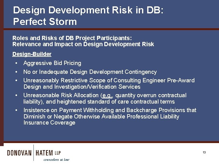 Design Development Risk in DB: Perfect Storm Roles and Risks of DB Project Participants: