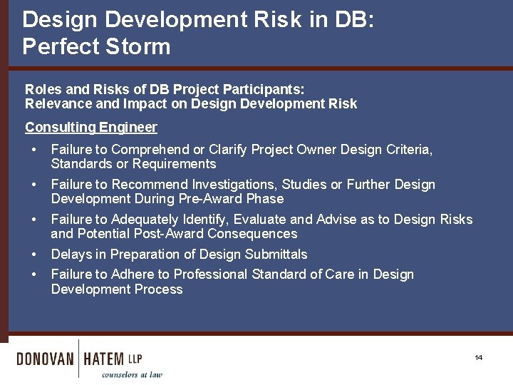 Design Development Risk in DB: Perfect Storm Roles and Risks of DB Project Participants: