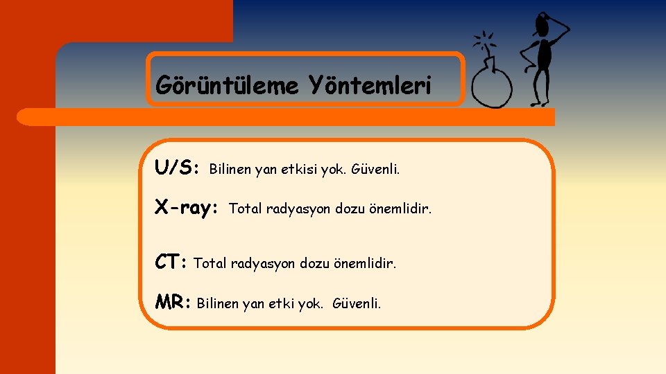 Görüntüleme Yöntemleri U/S: Bilinen yan etkisi yok. Güvenli. X-ray: Total radyasyon dozu önemlidir. CT: