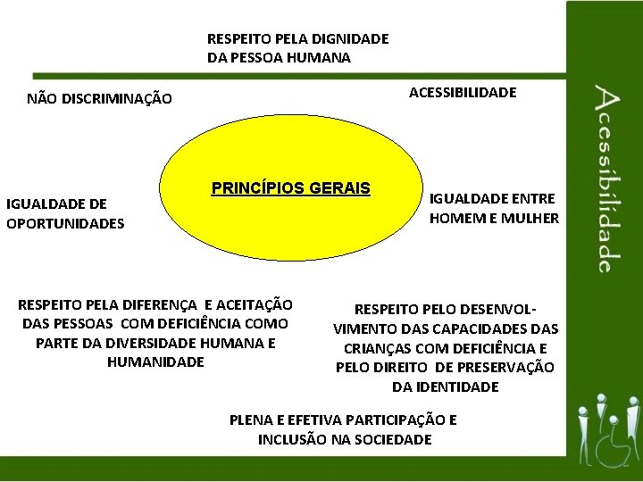 RESPEITO PELA DIGNIDADE DA PESSOA HUMANA ACESSIBILIDADE NÃO DISCRIMINAÇÃO IGUALDADE DE OPORTUNIDADES PRINCÍPIOS GERAIS