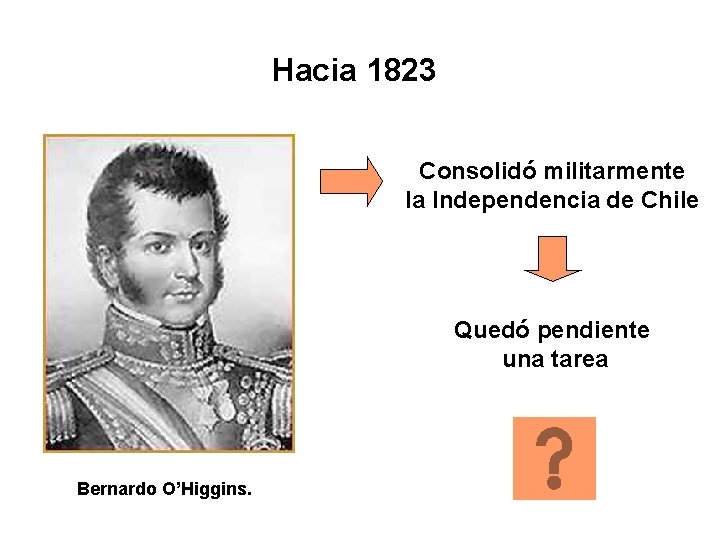 Hacia 1823 Consolidó militarmente la Independencia de Chile Quedó pendiente una tarea Bernardo O’Higgins.