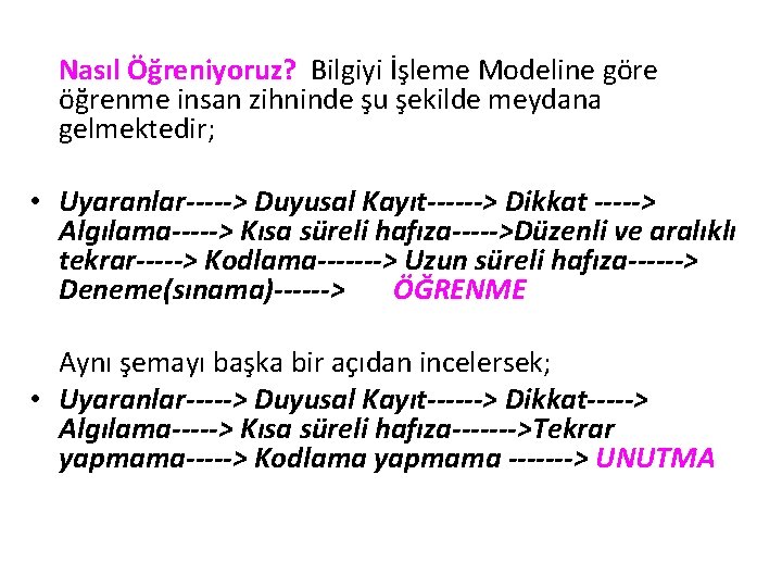 Nasıl Öğreniyoruz? Bilgiyi İşleme Modeline göre öğrenme insan zihninde şu şekilde meydana gelmektedir; •