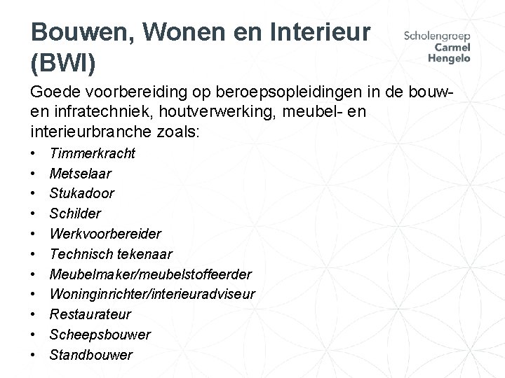 Bouwen, Wonen en Interieur (BWI) Goede voorbereiding op beroepsopleidingen in de bouwen infratechniek, houtverwerking,