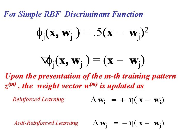 For Simple RBF Discriminant Function fj(x, wj ) =. 5(x - wj)2 ▽fj(x, wj For Simple RBF Discriminant Function fj(x, wj ) =. 5(x - wj)2 ▽fj(x, wj